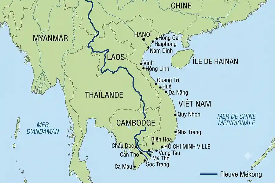 Cours du fleuve Mekong sur la carte